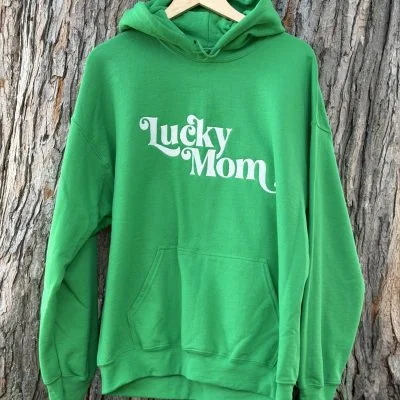 Kelly green hoodie with the custom designed Lucky Mom design across the front